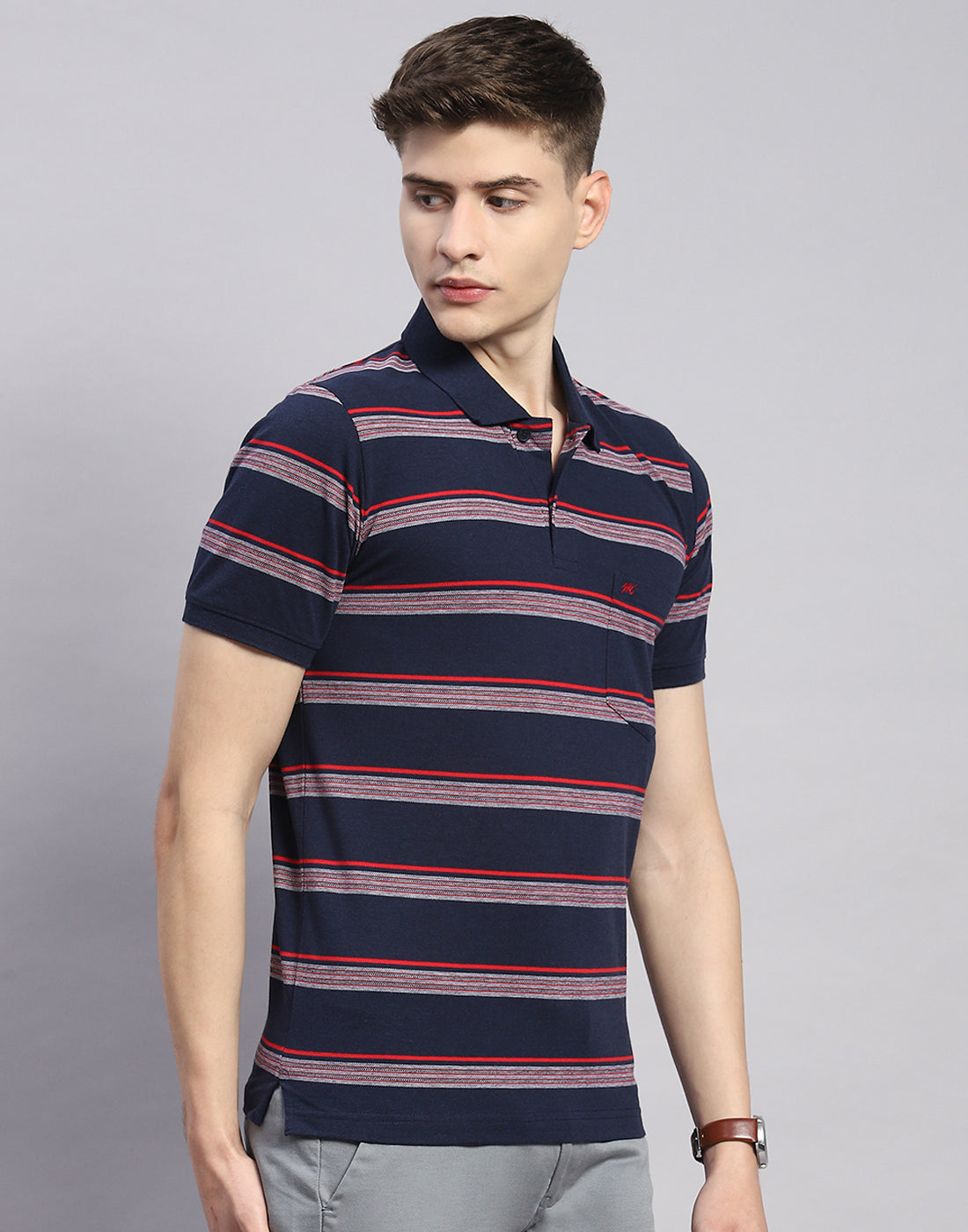Men Navy Blue Stripe Polo Collar Half Sleeve T-Shirt