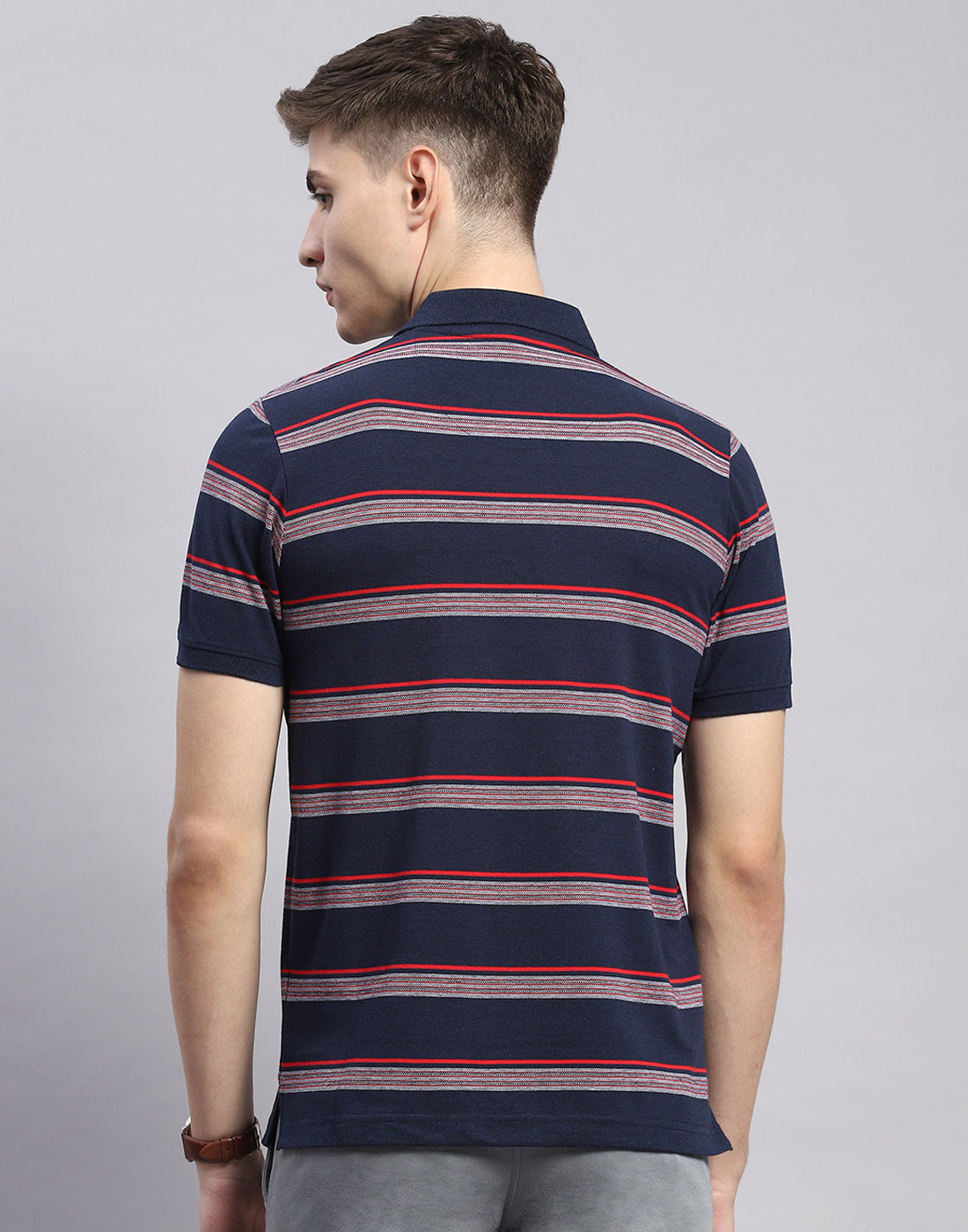 Men Navy Blue Stripe Polo Collar Half Sleeve T-Shirt