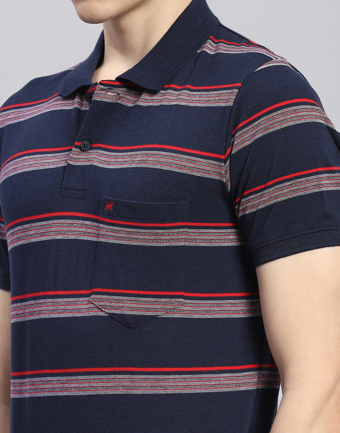 Men Navy Blue Stripe Polo Collar Half Sleeve T-Shirt