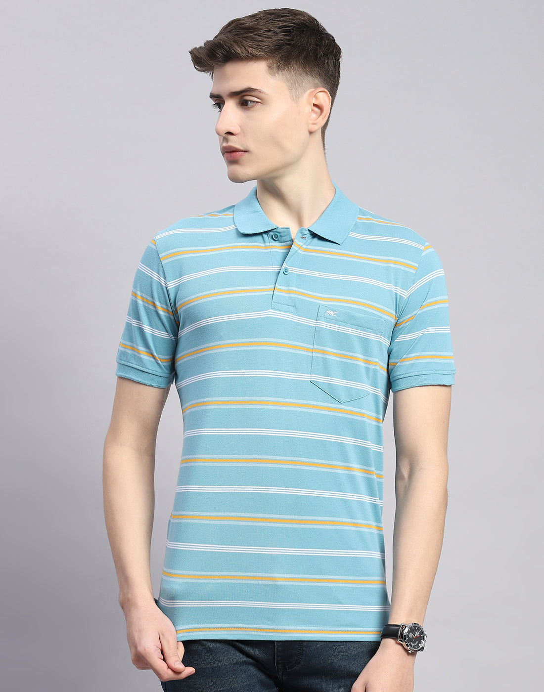 Men Blue Stripe Polo Collar Half Sleeve T-Shirt