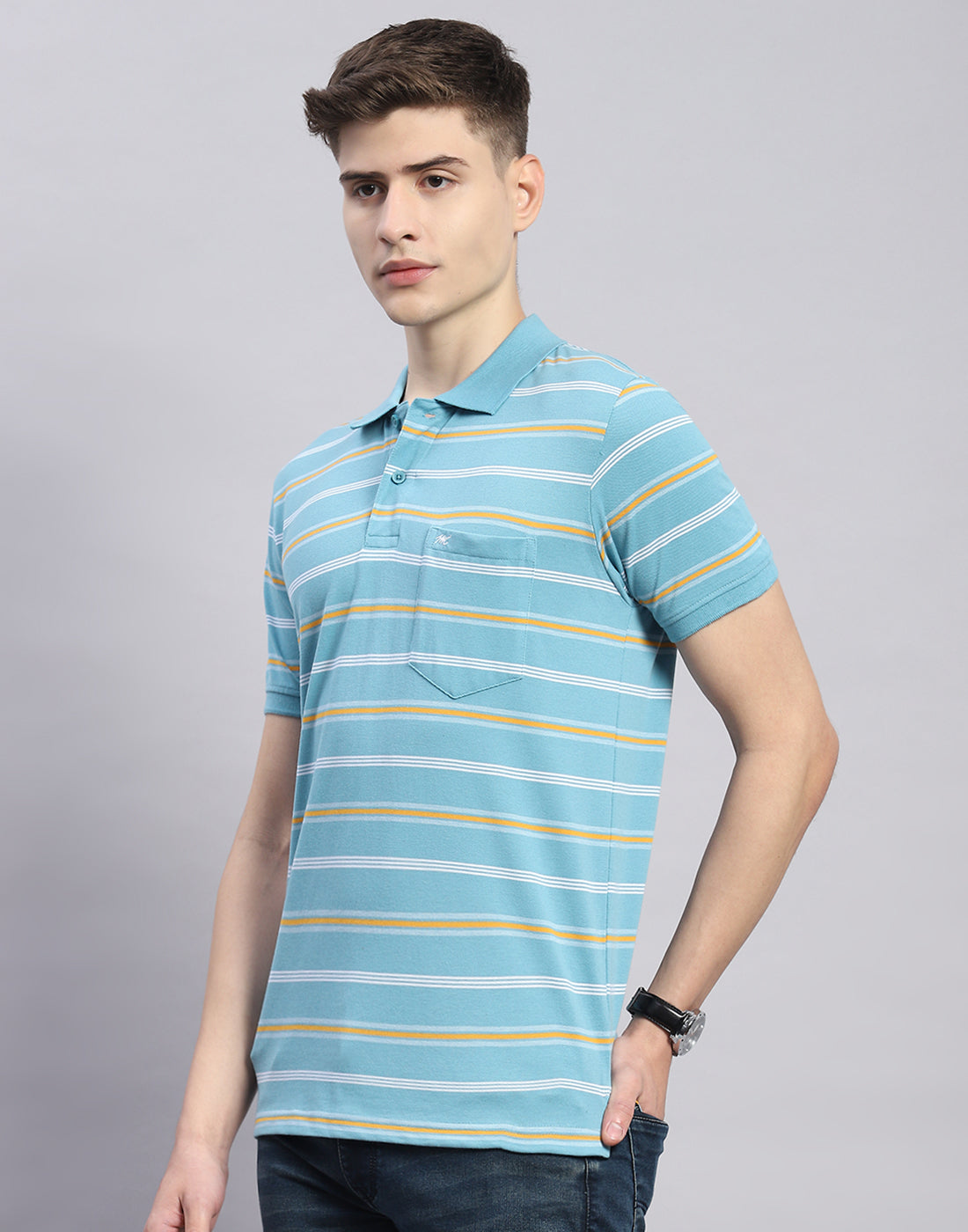 Men Blue Stripe Polo Collar Half Sleeve T-Shirt