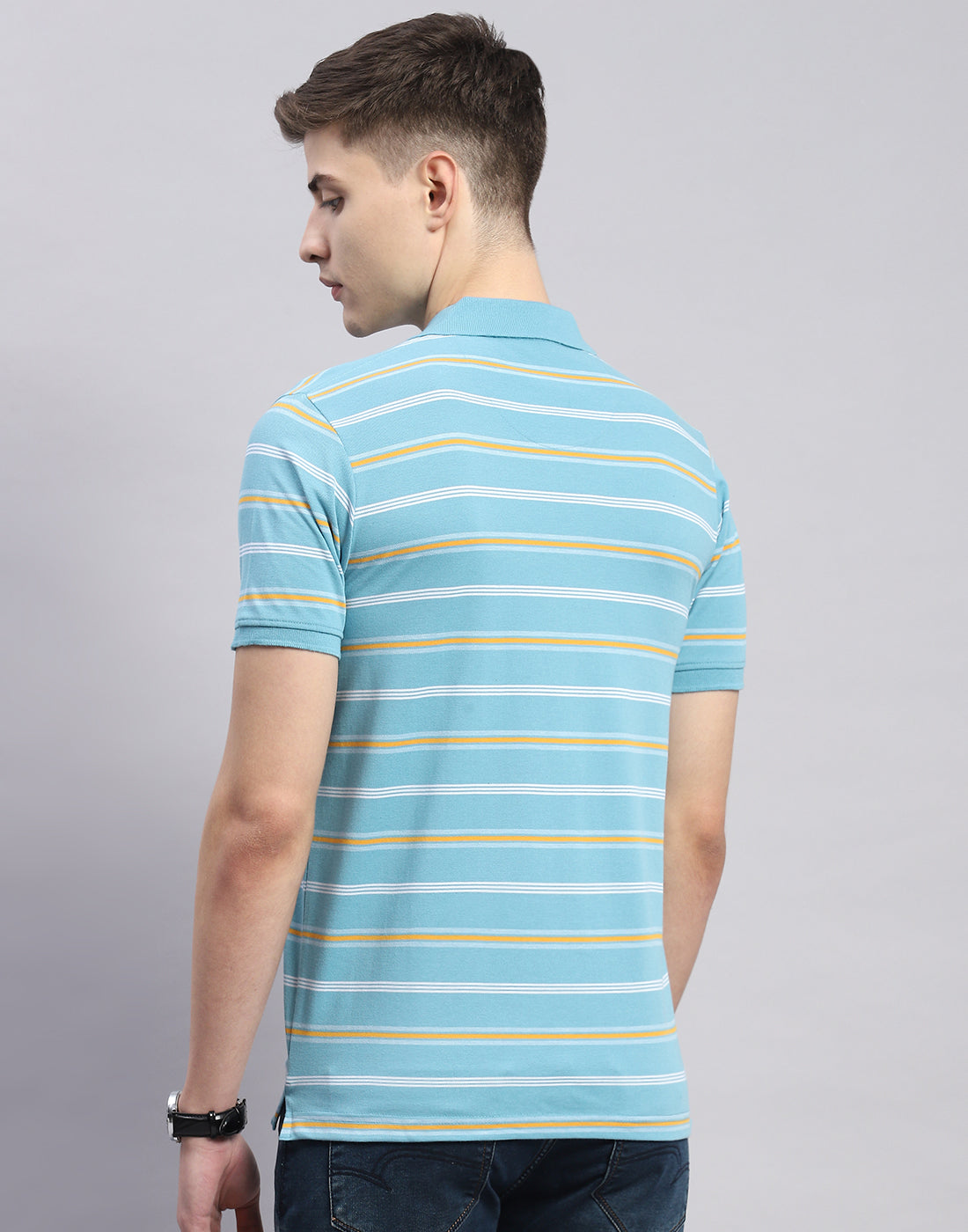 Men Blue Stripe Polo Collar Half Sleeve T-Shirt