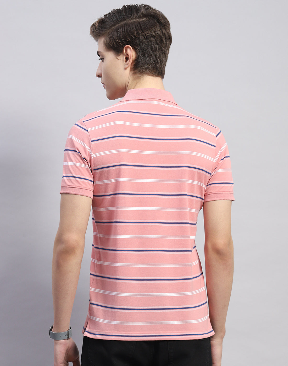 Men Pink Stripe Polo Collar Half Sleeve T-Shirt