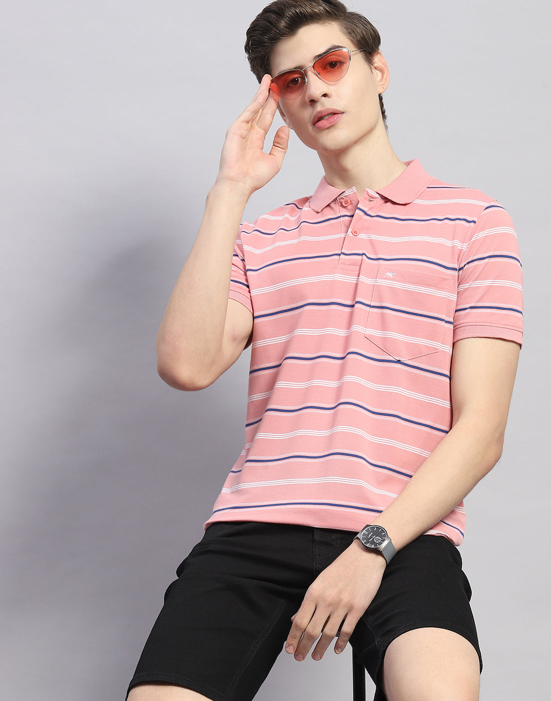 Men Pink Stripe Polo Collar Half Sleeve T-Shirt