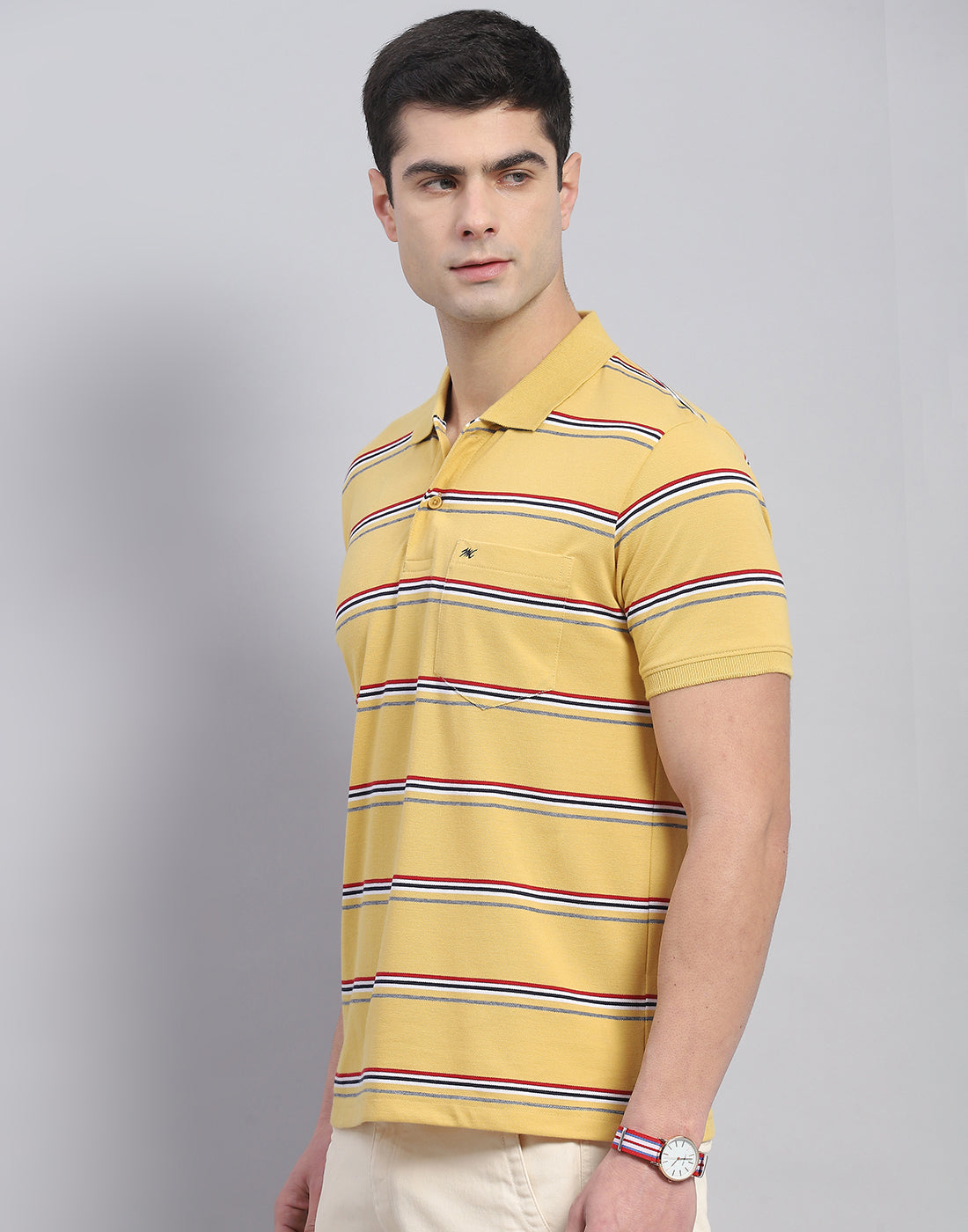 Men Yellow Stripe Polo Collar Half Sleeve T-Shirt