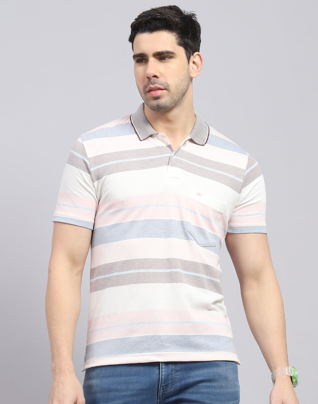 Men Pink Stripe Polo Collar Half Sleeve T-Shirt