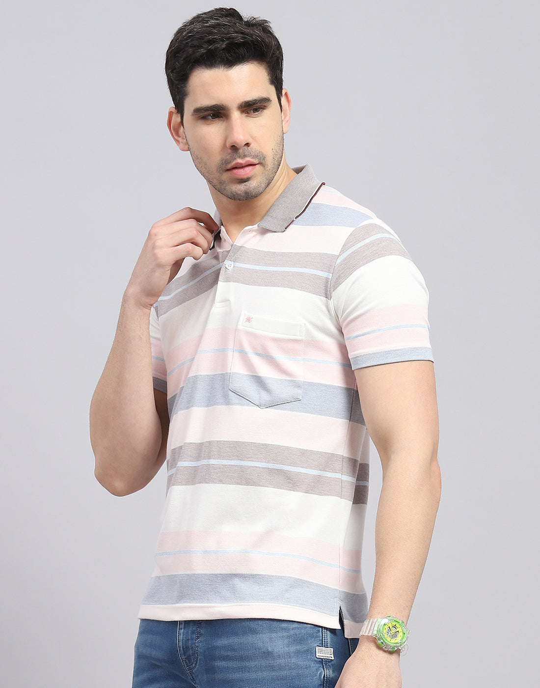 Men Pink Stripe Polo Collar Half Sleeve T-Shirt
