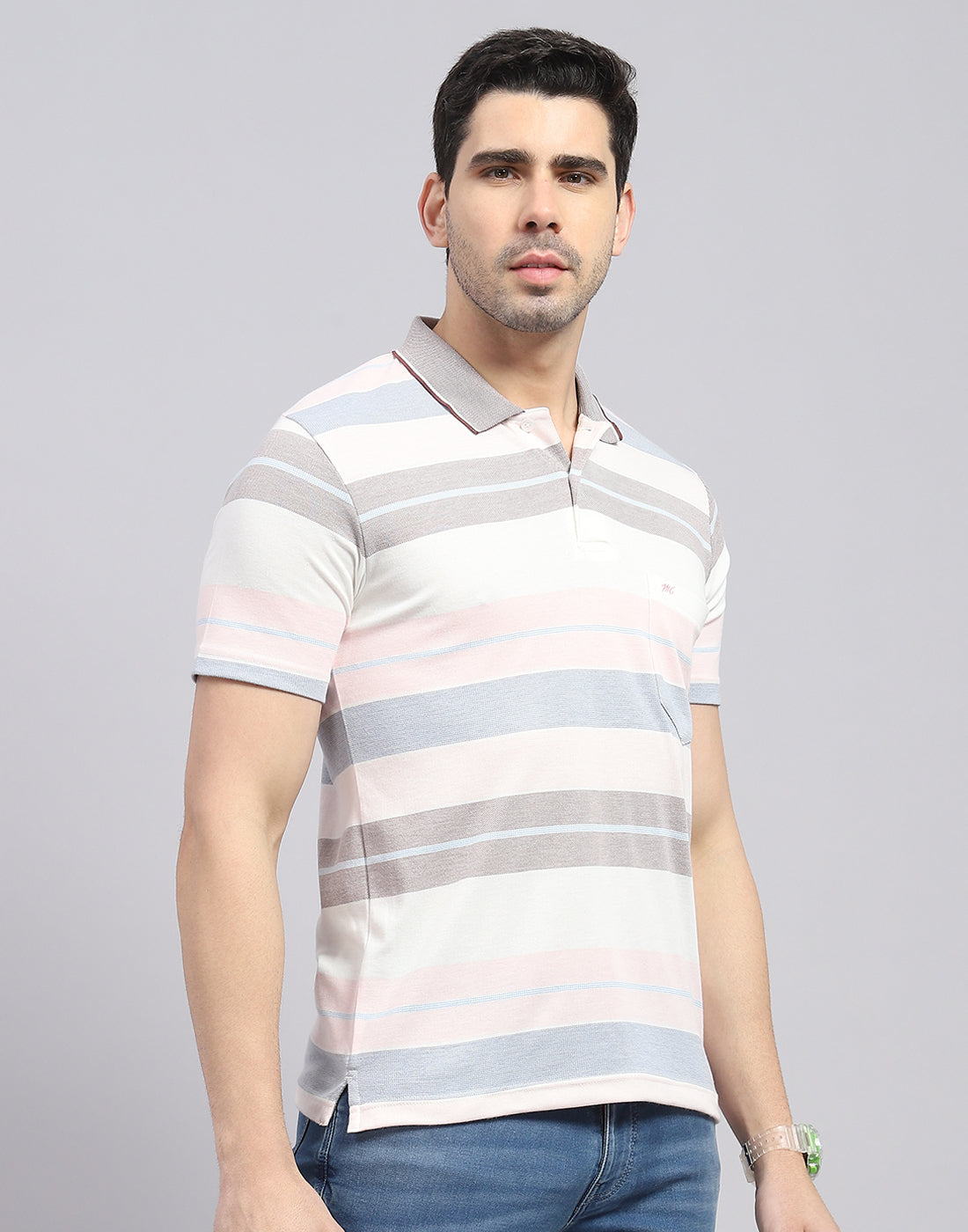 Men Pink Stripe Polo Collar Half Sleeve T-Shirt