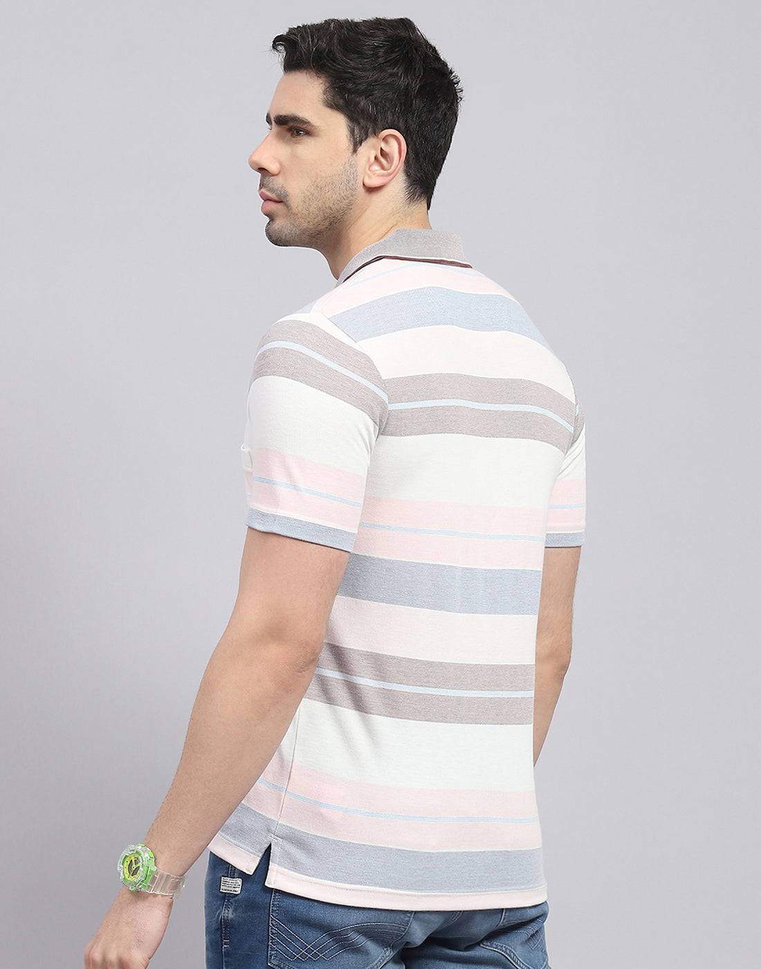 Men Pink Stripe Polo Collar Half Sleeve T-Shirt