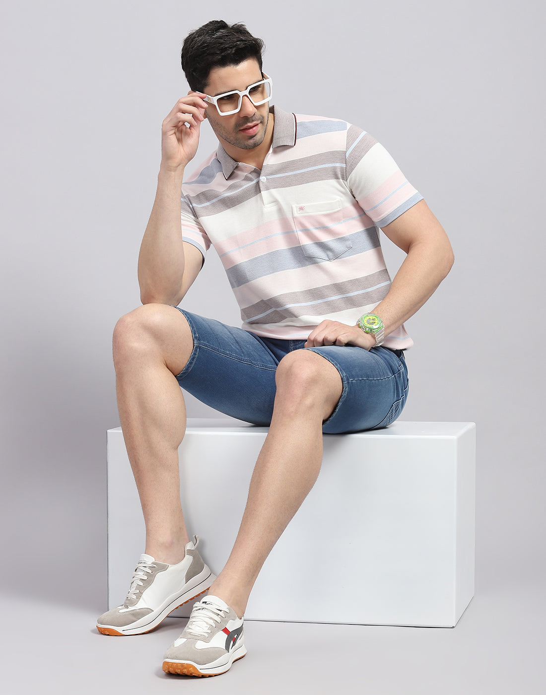 Men Pink Stripe Polo Collar Half Sleeve T-Shirt