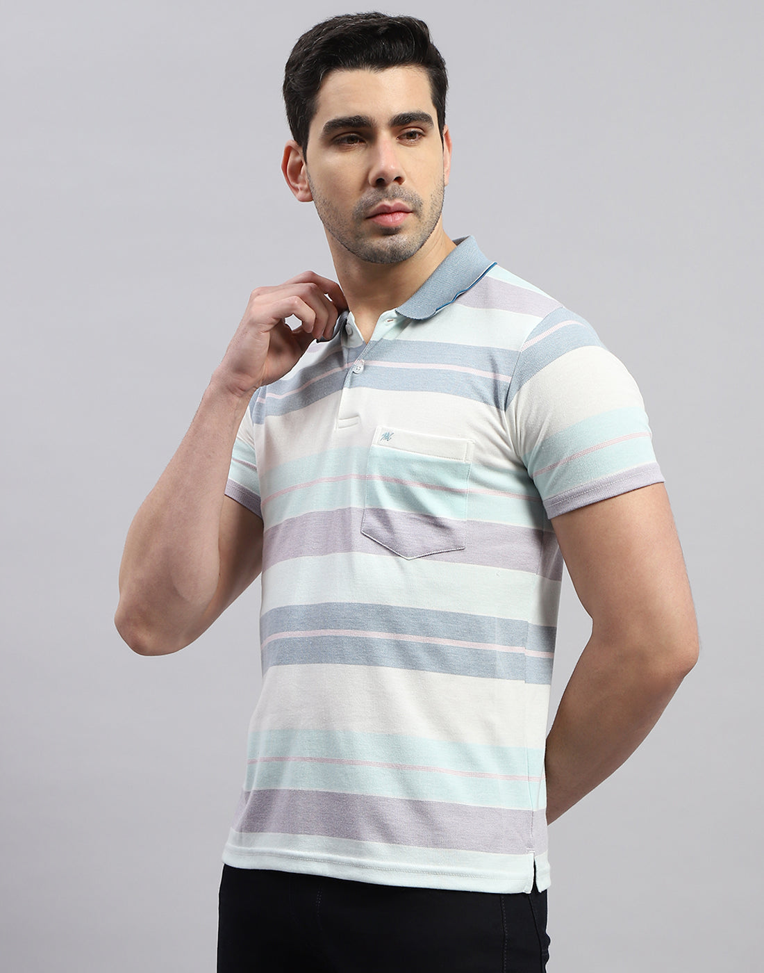 Men Blue Stripe Polo Collar Half Sleeve T-Shirt
