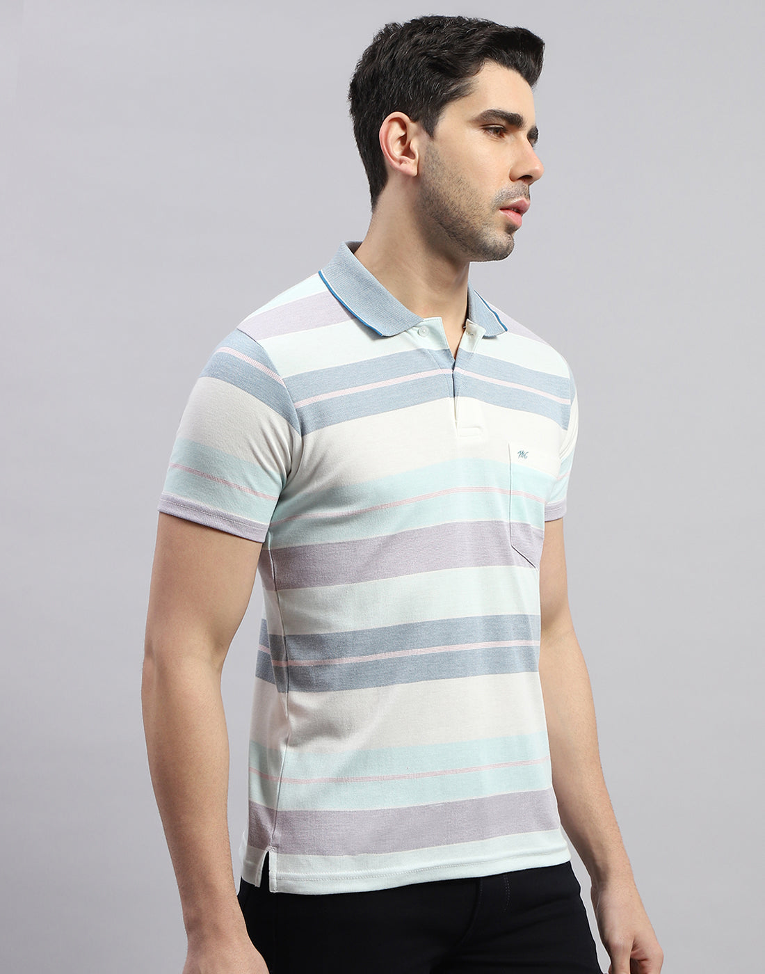 Men Blue Stripe Polo Collar Half Sleeve T-Shirt