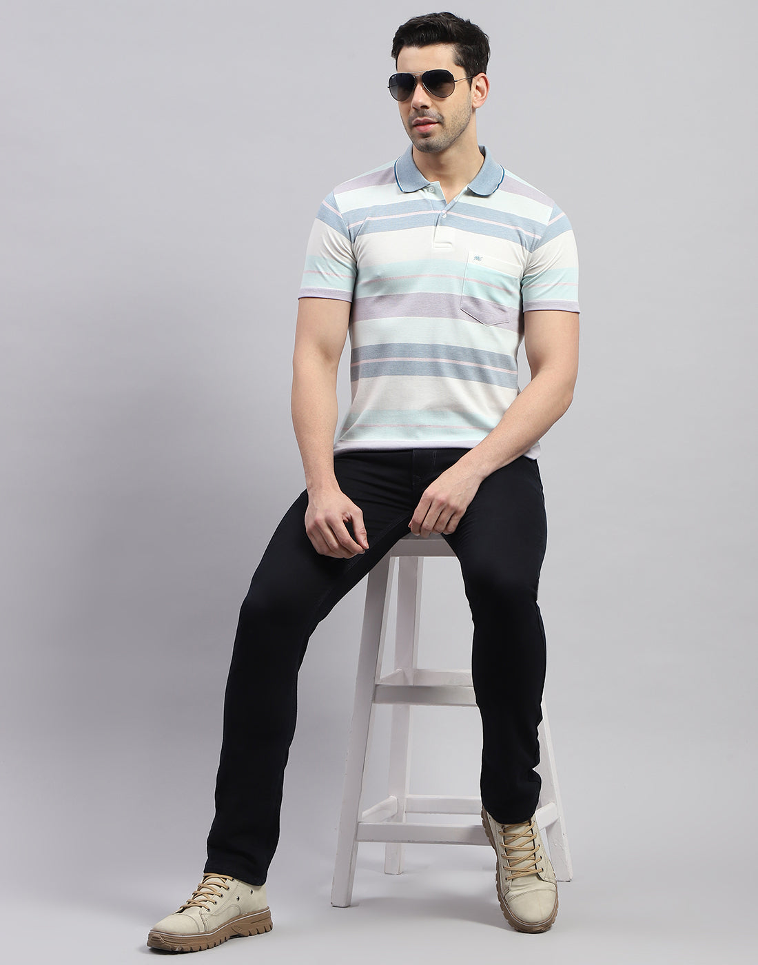 Men Blue Stripe Polo Collar Half Sleeve T-Shirt