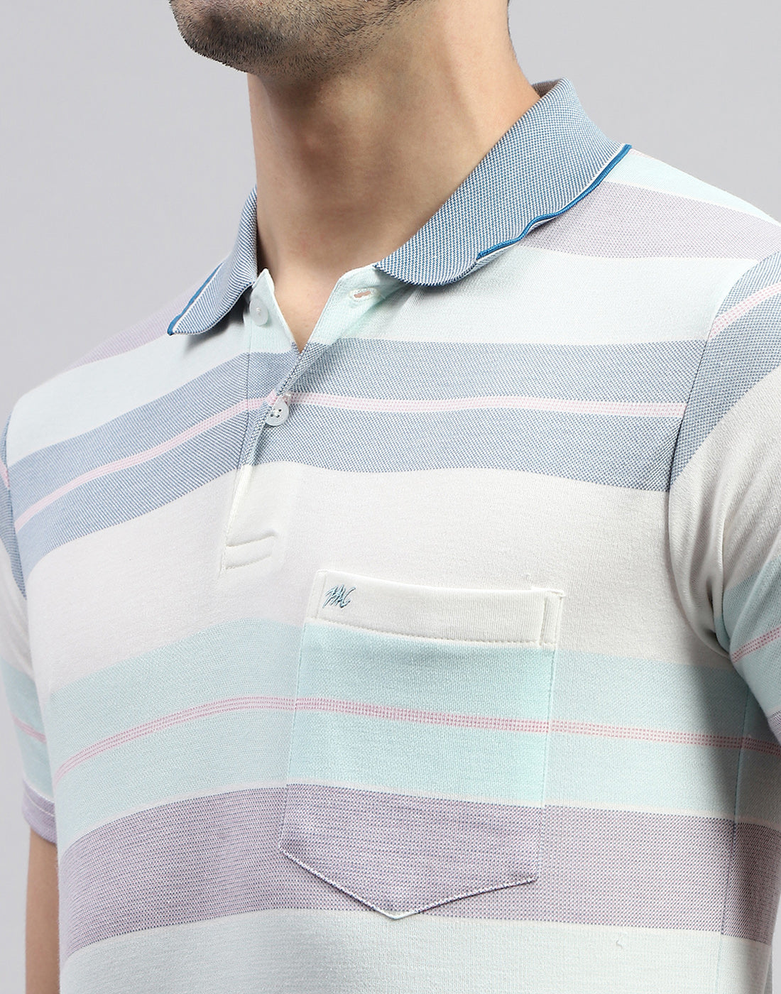 Men Blue Stripe Polo Collar Half Sleeve T-Shirt