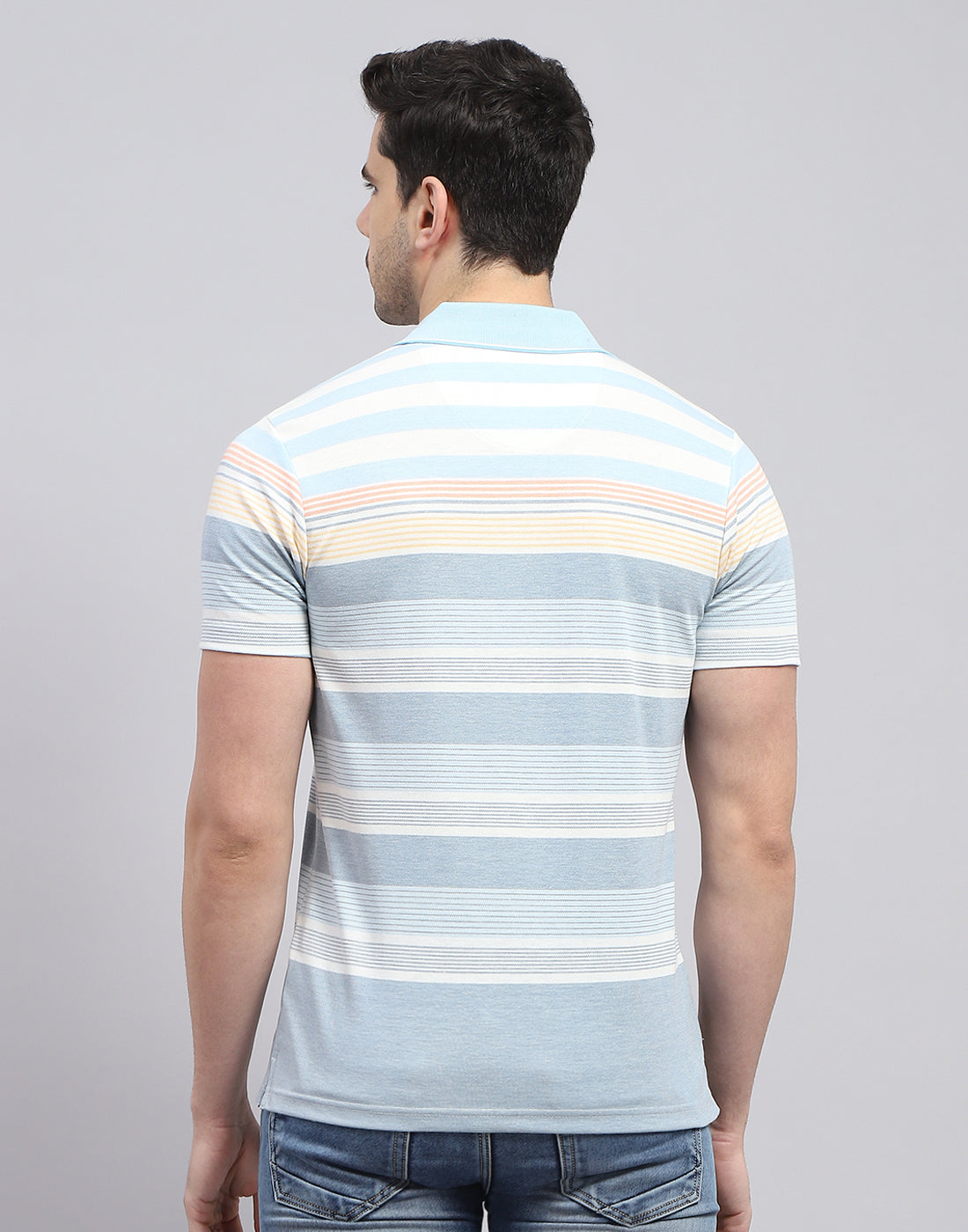 Men Blue Stripe Polo Collar Half Sleeve T-Shirt