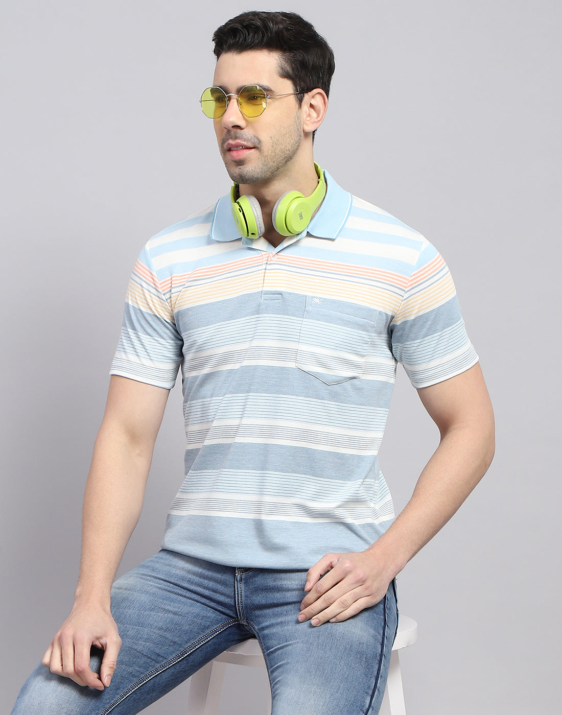 Men Blue Stripe Polo Collar Half Sleeve T-Shirt