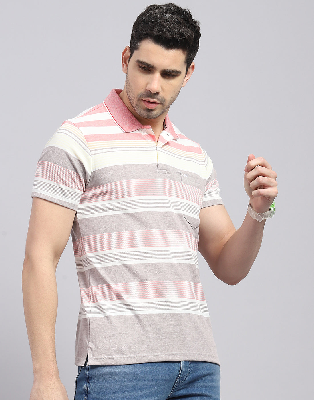Men Pink Stripe Polo Collar Half Sleeve T-Shirt