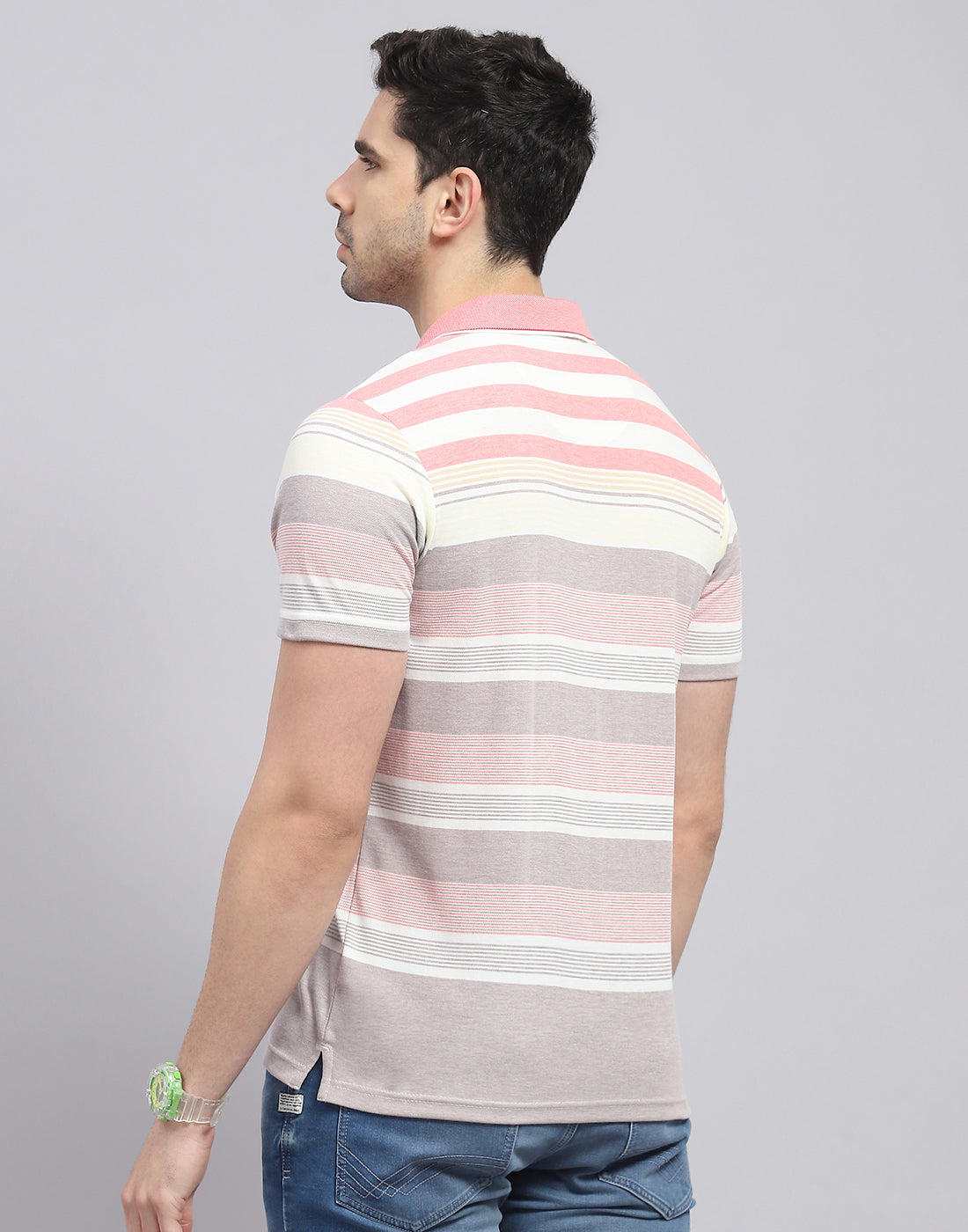 Men Pink Stripe Polo Collar Half Sleeve T-Shirt