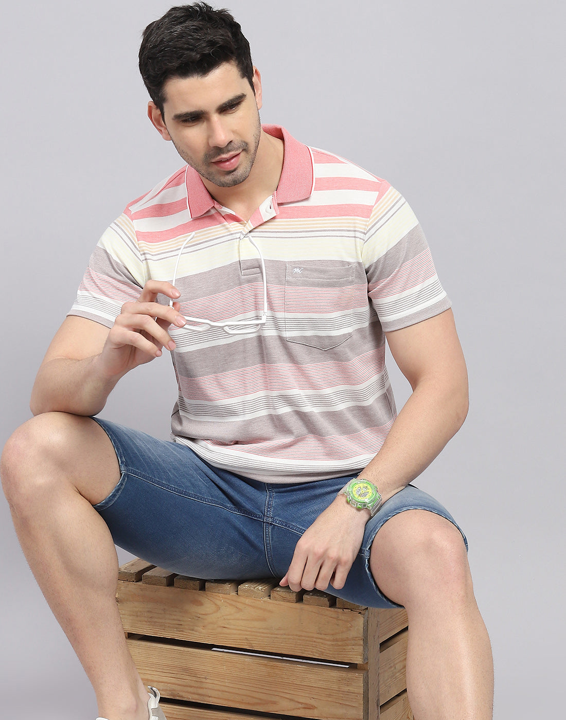 Men Pink Stripe Polo Collar Half Sleeve T-Shirt