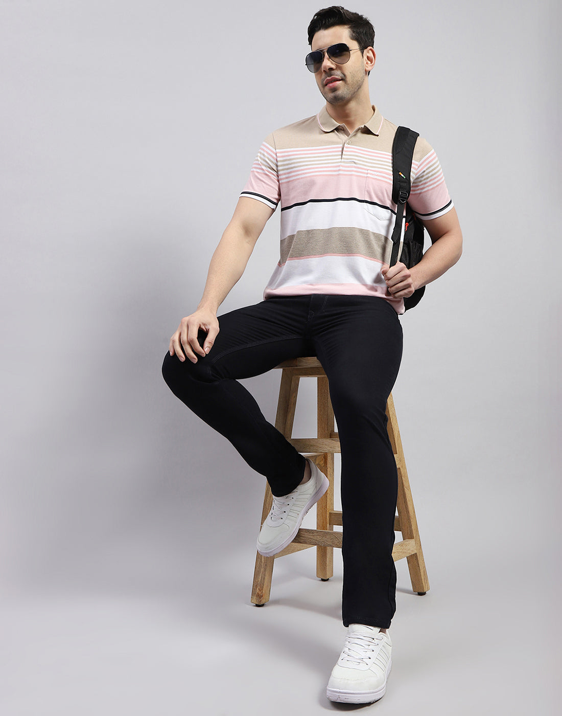 Men Pink Stripe Polo Collar Half Sleeve T-Shirt