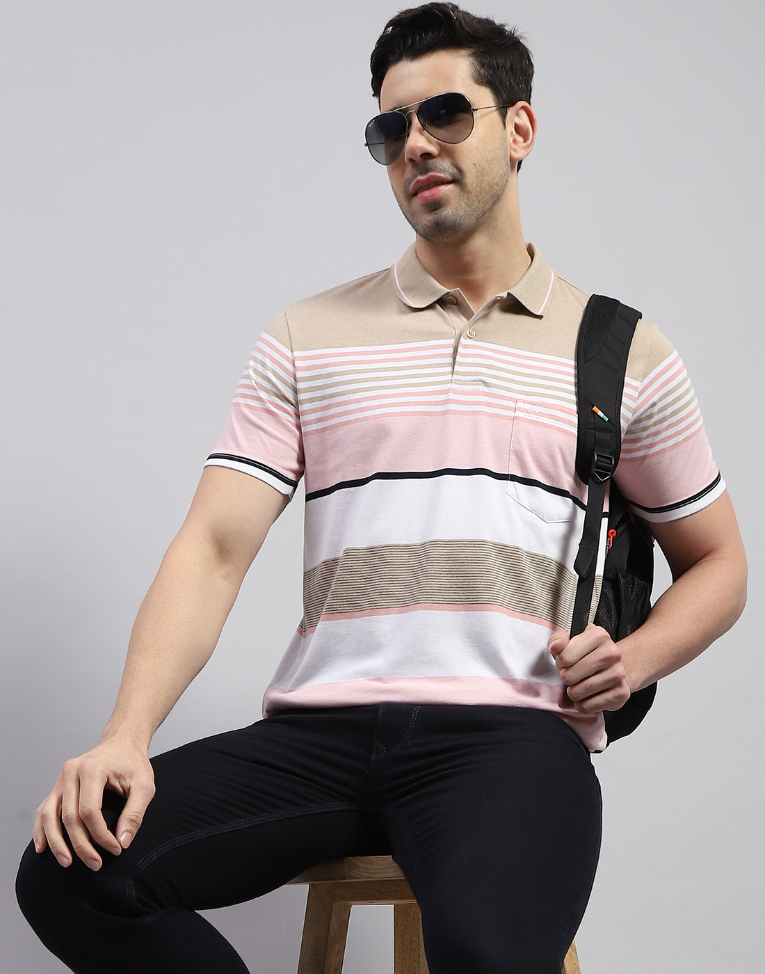 Men Pink Stripe Polo Collar Half Sleeve T-Shirt