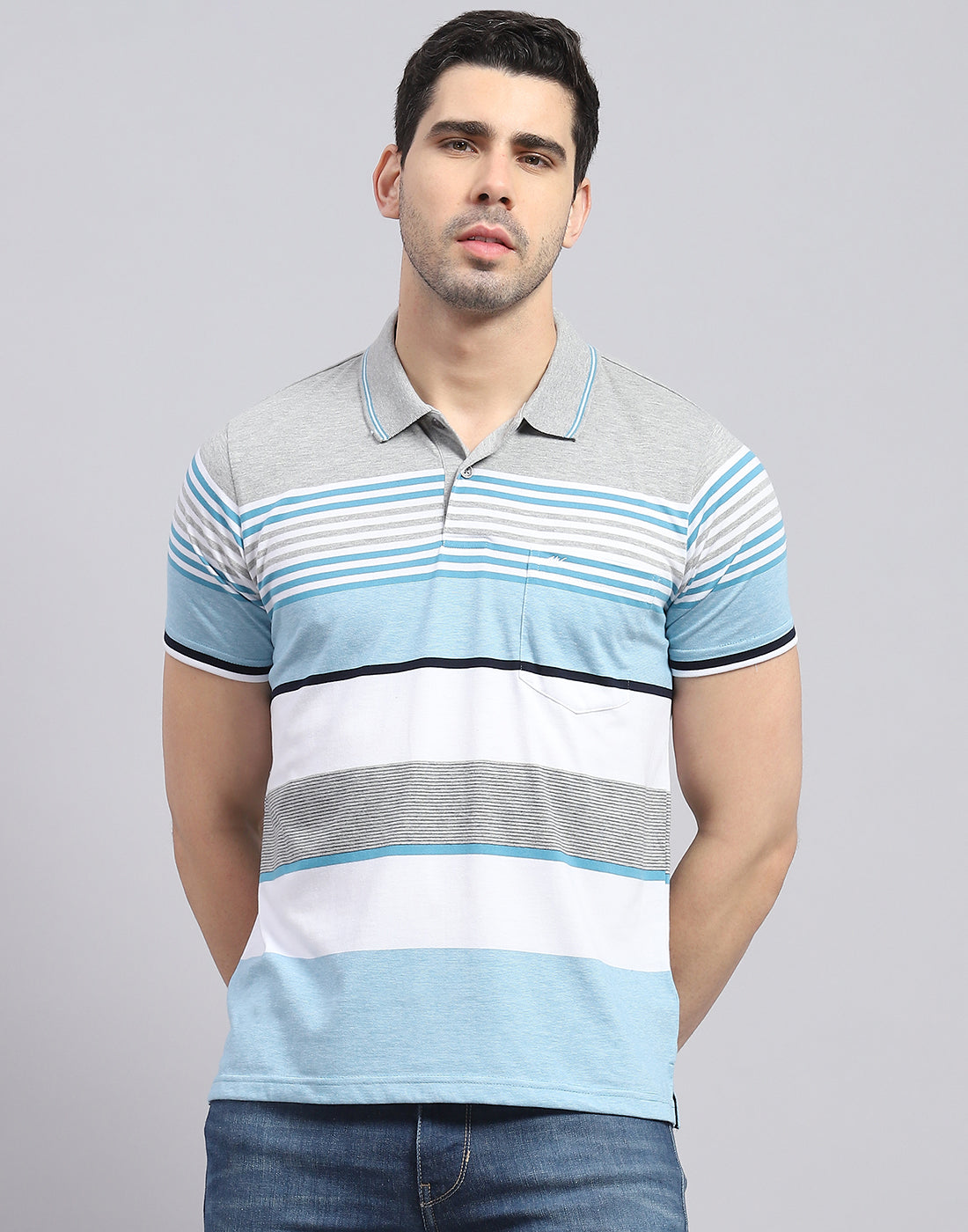 Men Blue Stripe Polo Collar Half Sleeve T-Shirt