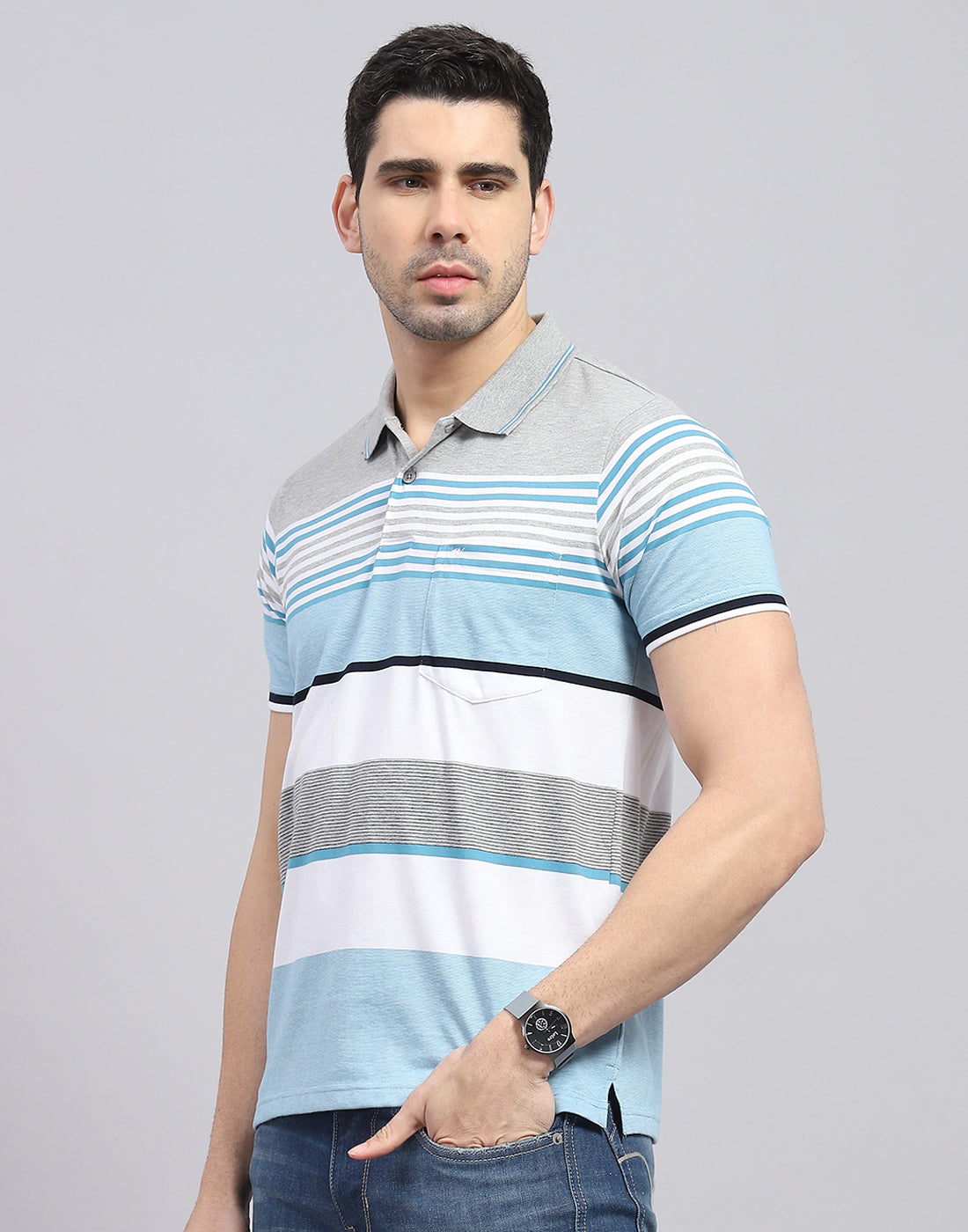 Men Blue Stripe Polo Collar Half Sleeve T-Shirt
