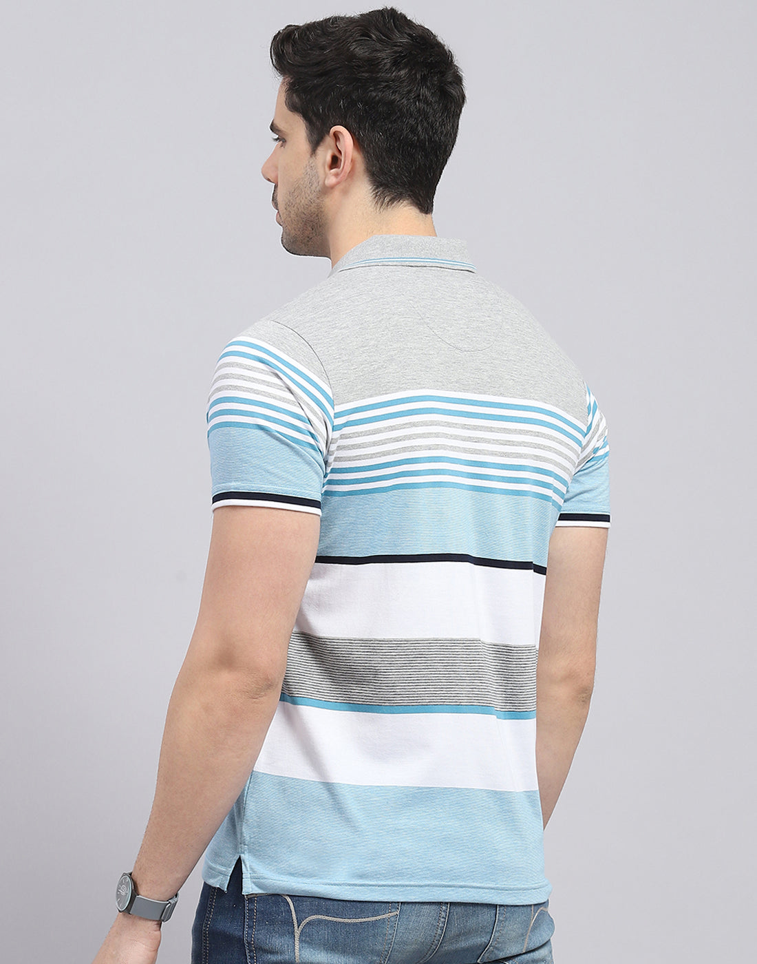 Men Blue Stripe Polo Collar Half Sleeve T-Shirt