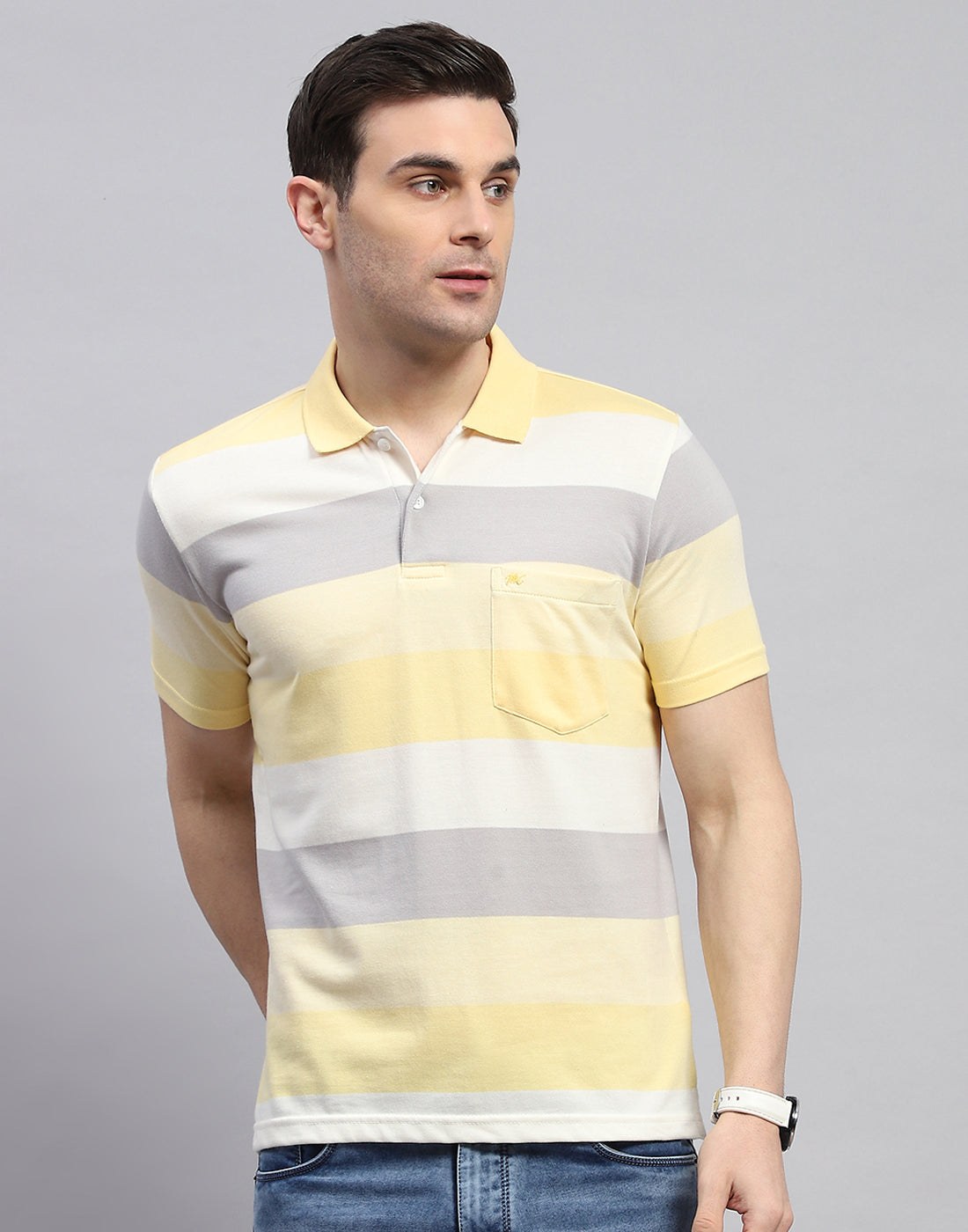Men Yellow Stripe Polo Collar Half Sleeve T-Shirt