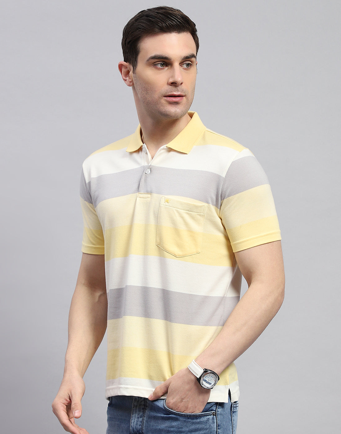 Men Yellow Stripe Polo Collar Half Sleeve T-Shirt
