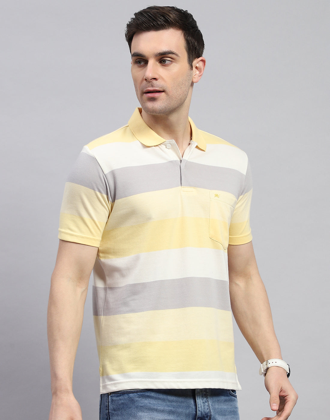 Men Yellow Stripe Polo Collar Half Sleeve T-Shirt