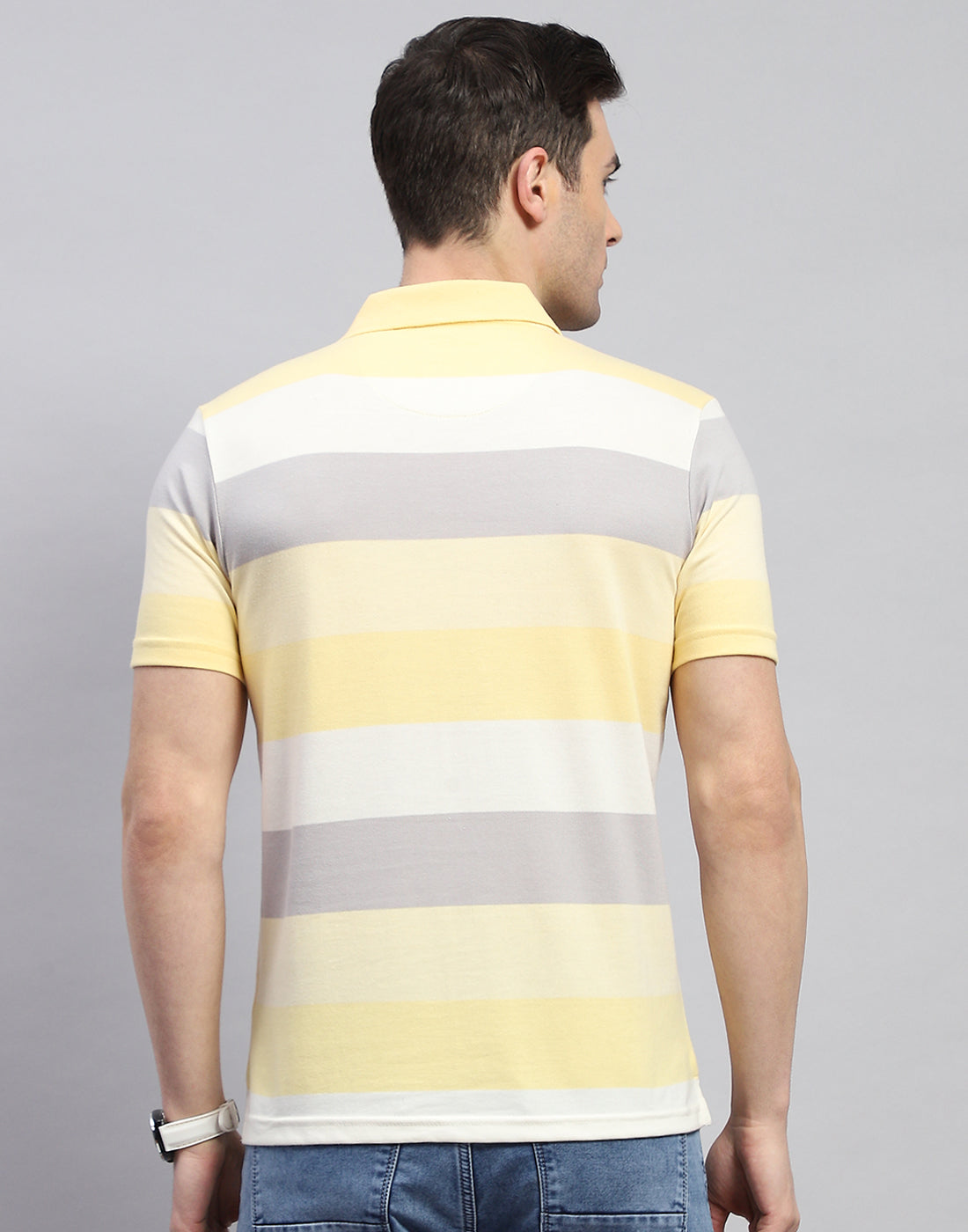Men Yellow Stripe Polo Collar Half Sleeve T-Shirt