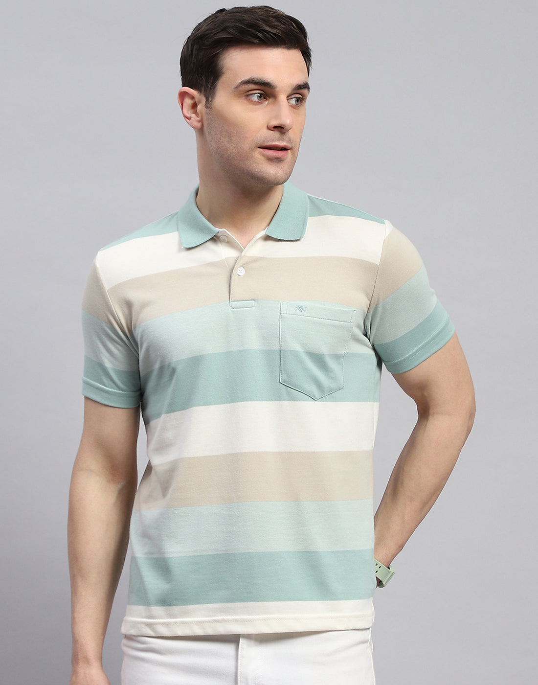 Men Green Stripe Polo Collar Half Sleeve T-Shirt