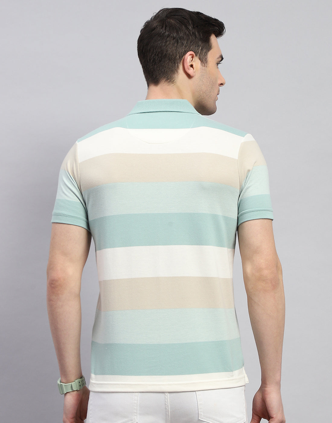 Men Green Stripe Polo Collar Half Sleeve T-Shirt