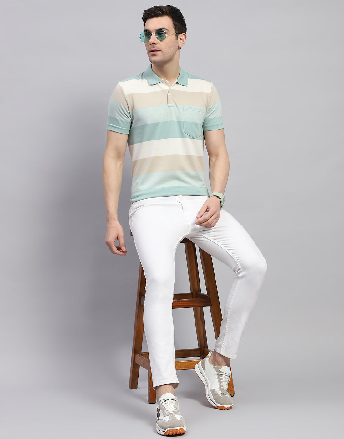 Men Green Stripe Polo Collar Half Sleeve T-Shirt
