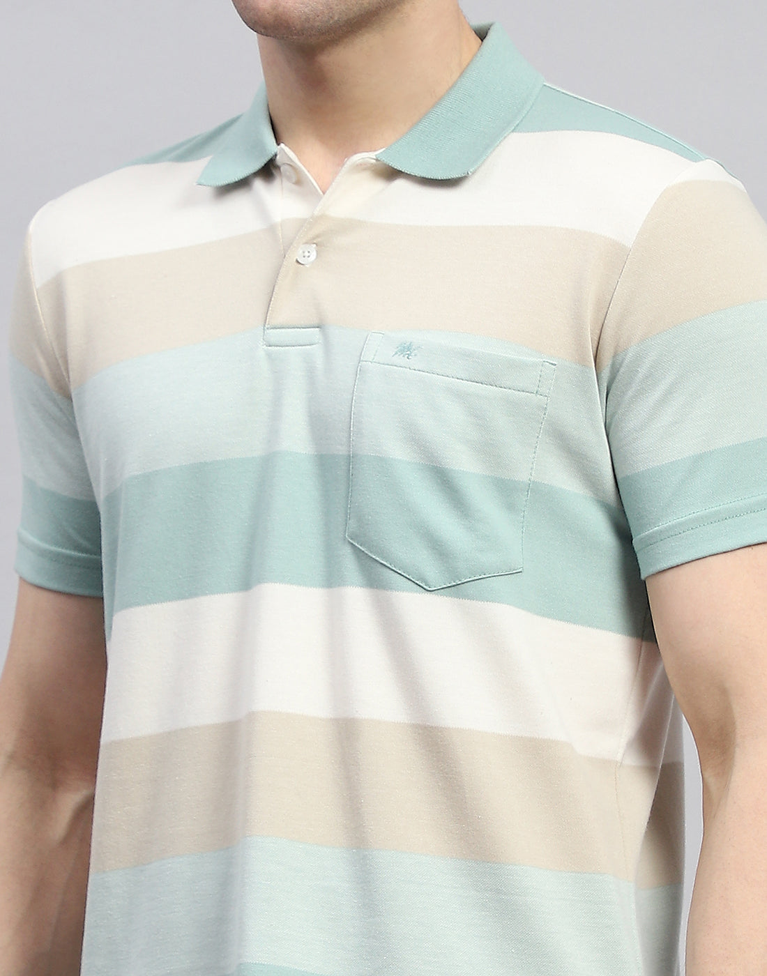 Men Green Stripe Polo Collar Half Sleeve T-Shirt