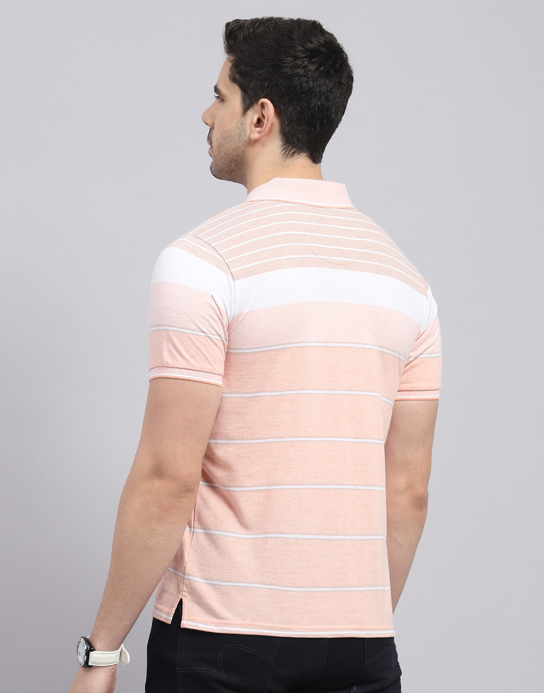 Men Pink Stripe Polo Collar Half Sleeve T-Shirt