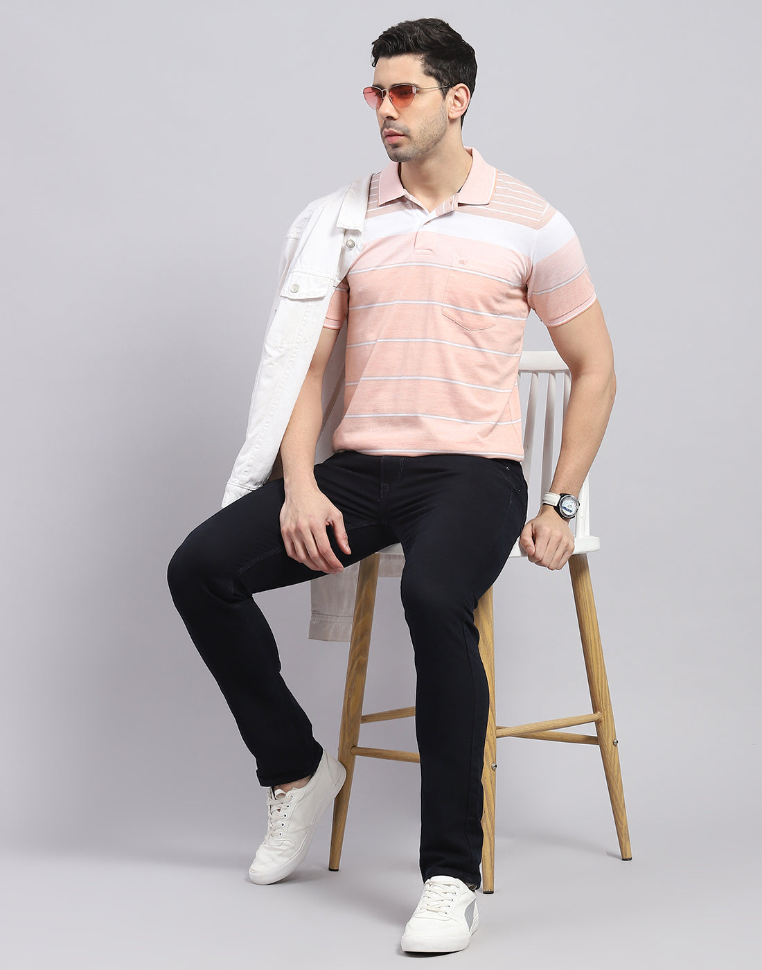 Men Pink Stripe Polo Collar Half Sleeve T-Shirt