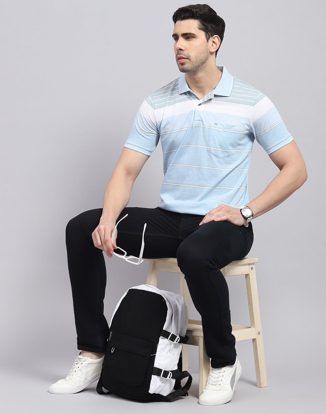 Men Blue Stripe Polo Collar Half Sleeve T-Shirt