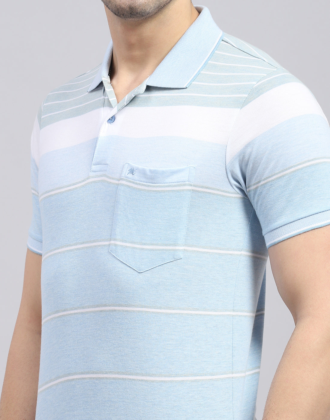 Men Blue Stripe Polo Collar Half Sleeve T-Shirt