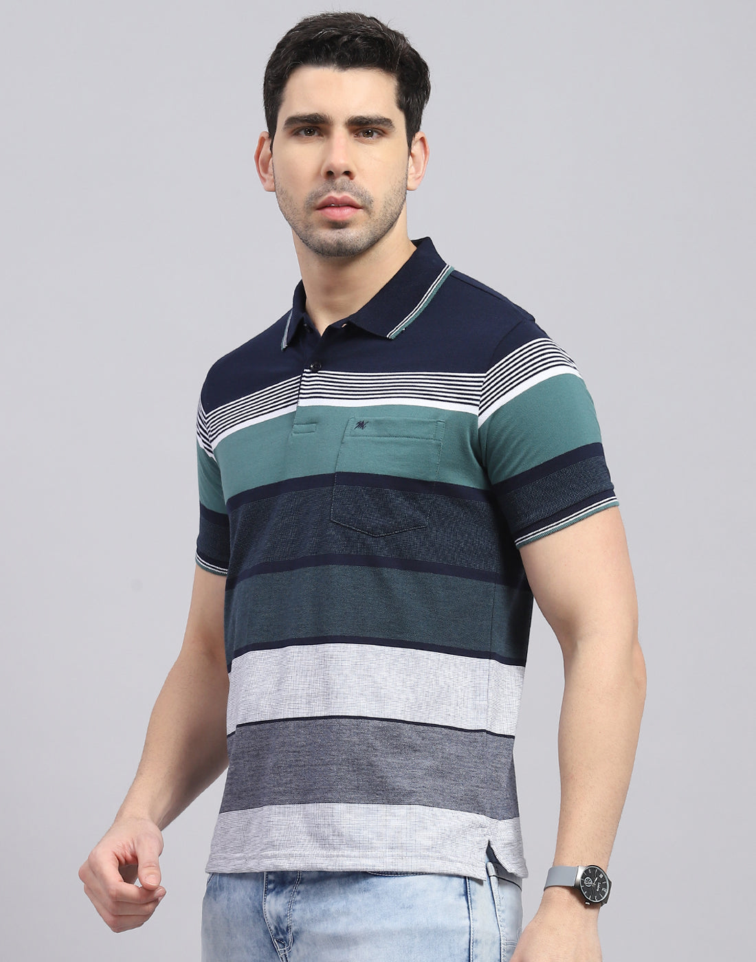Men Navy Blue Stripe Polo Collar Half Sleeve T-Shirt