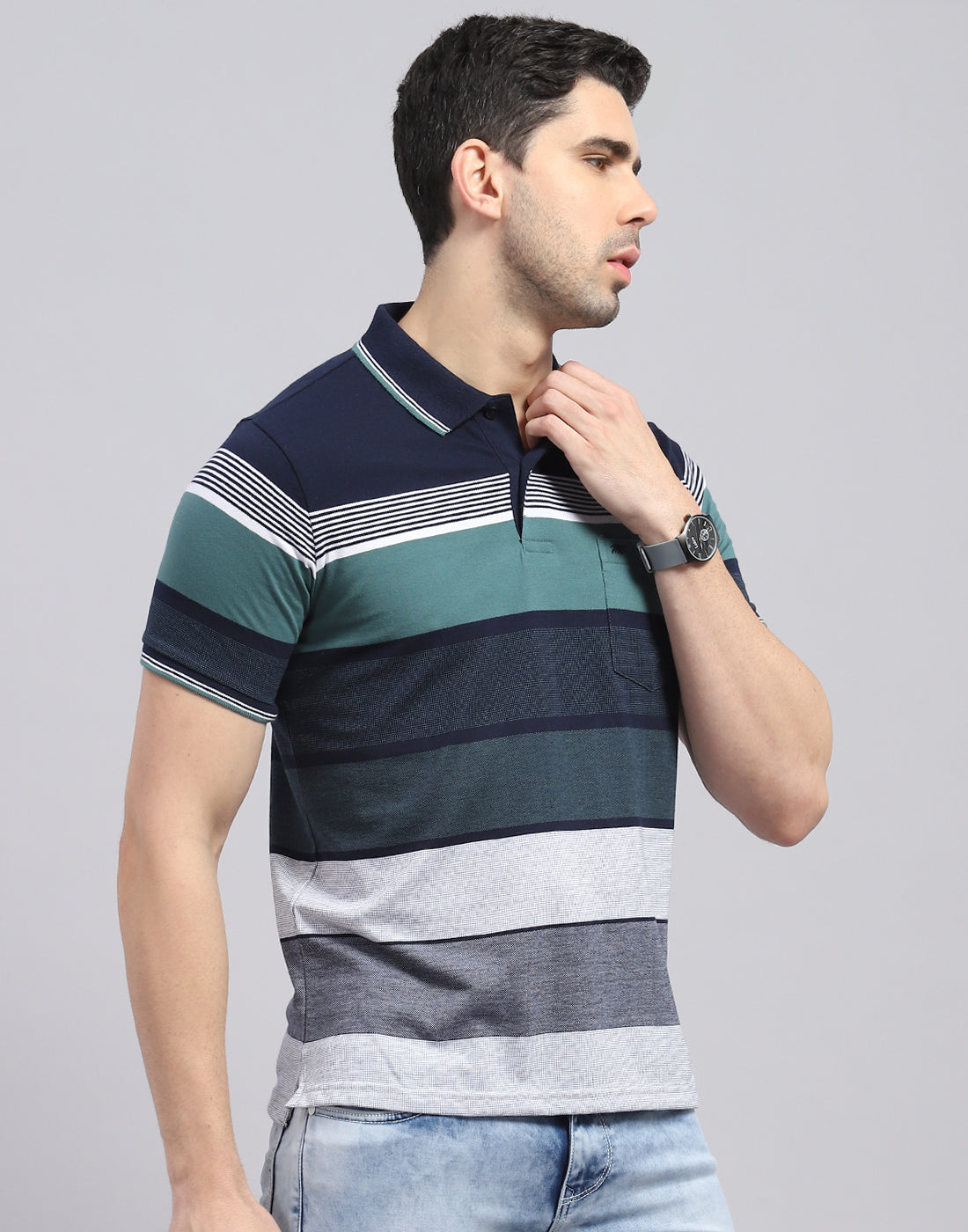 Men Navy Blue Stripe Polo Collar Half Sleeve T-Shirt