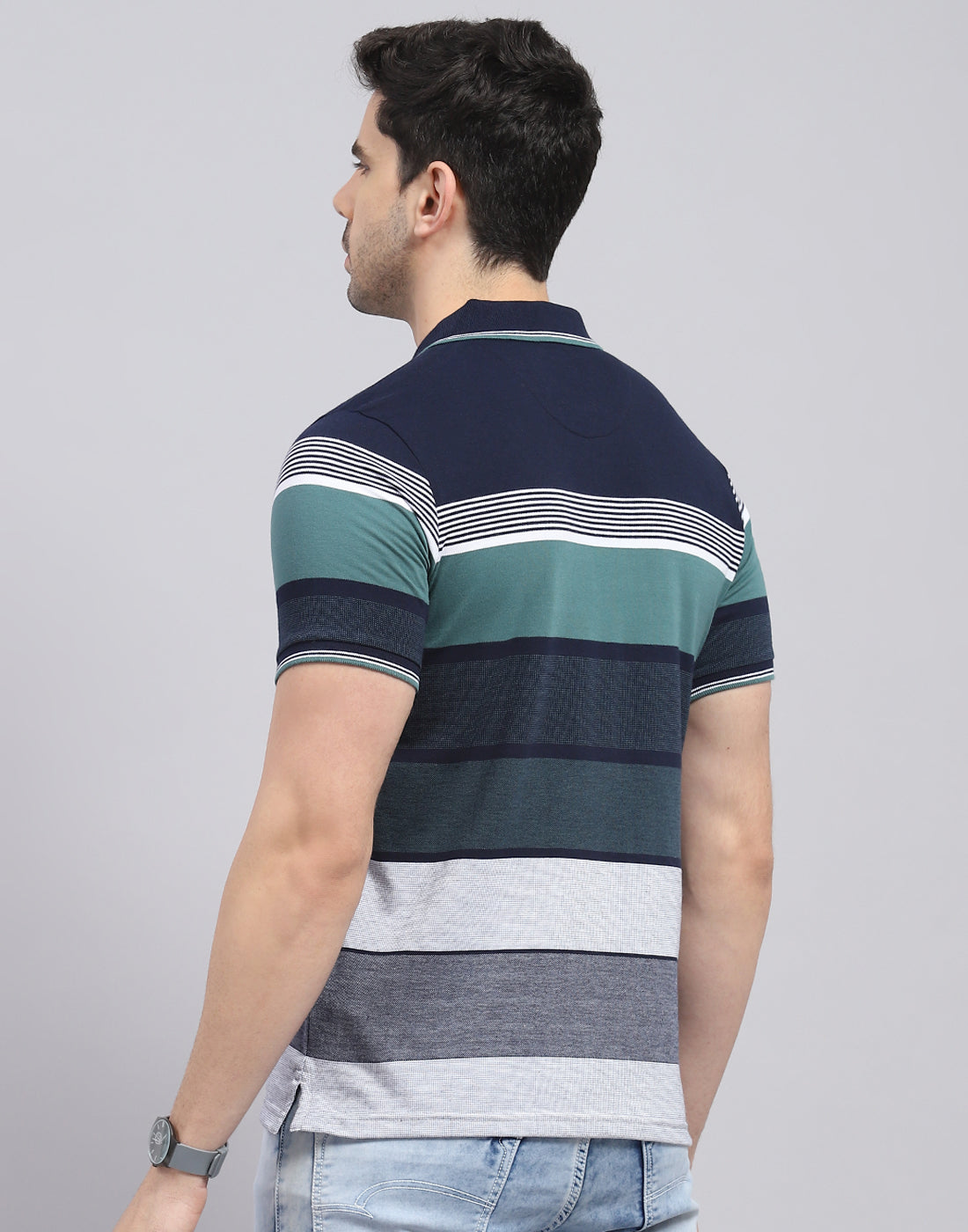 Men Navy Blue Stripe Polo Collar Half Sleeve T-Shirt