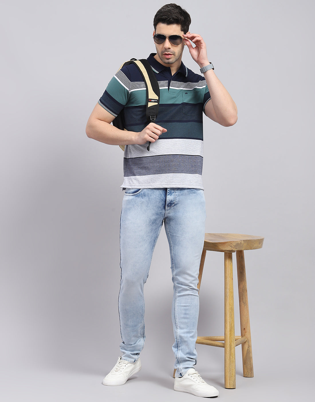 Men Navy Blue Stripe Polo Collar Half Sleeve T-Shirt