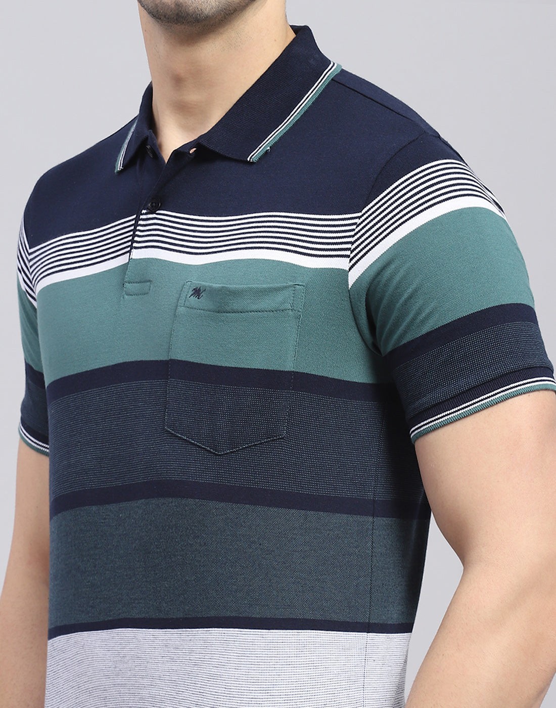 Men Navy Blue Stripe Polo Collar Half Sleeve T-Shirt