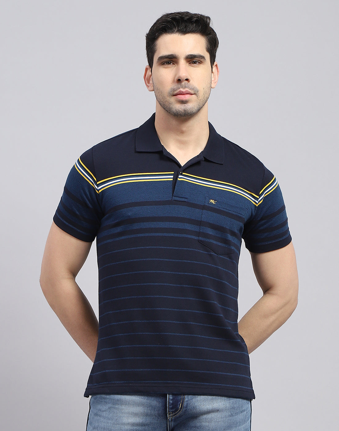 Buy Men Navy Blue Stripe Polo Collar Half Sleeve T-Shirt Online in