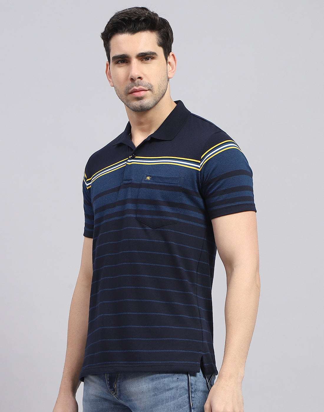 Men Navy Blue Stripe Polo Collar Half Sleeve T-Shirt