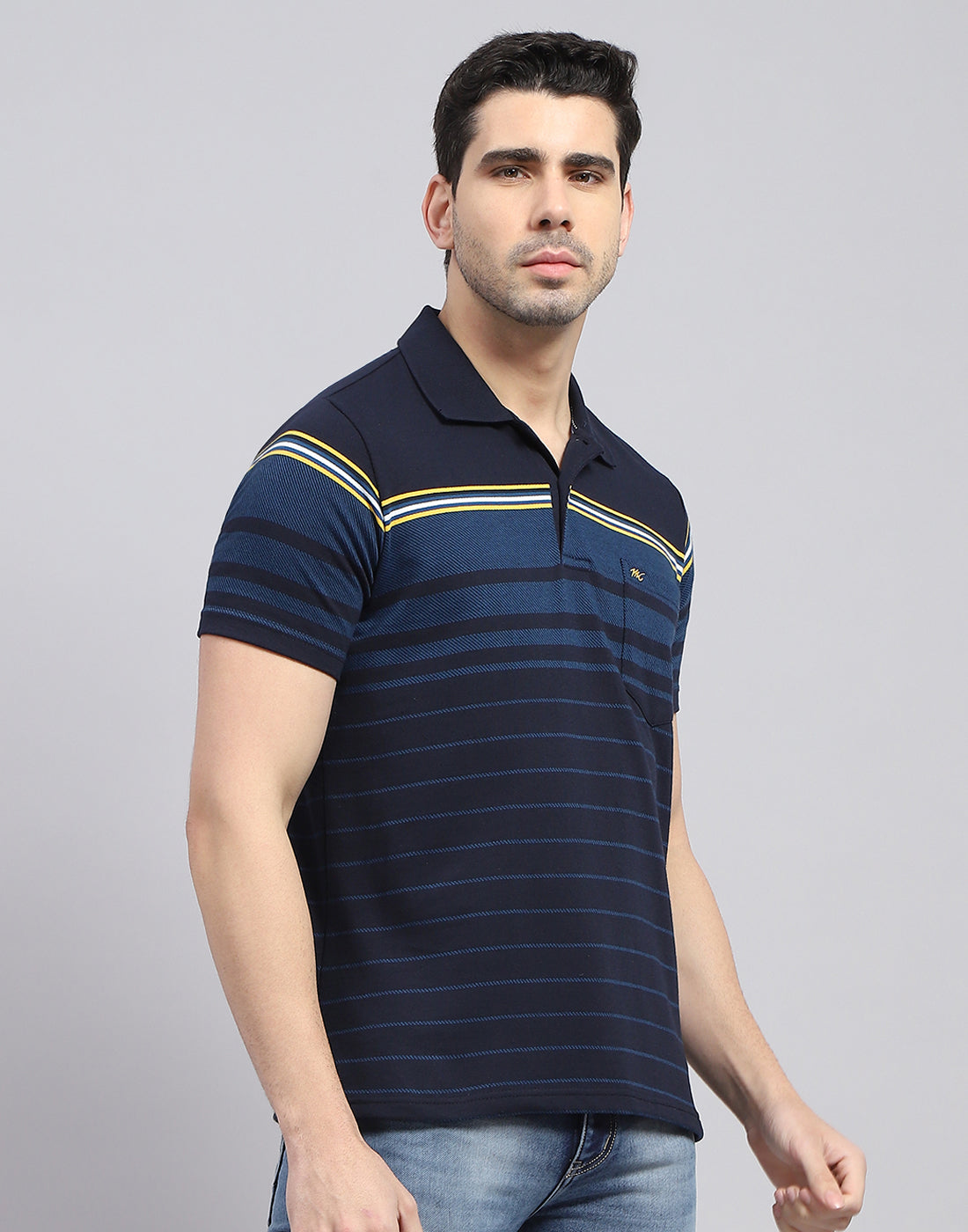 Men Navy Blue Stripe Polo Collar Half Sleeve T-Shirt