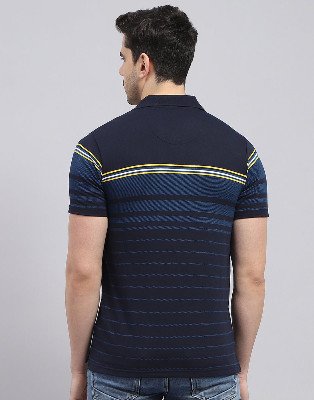 Men Navy Blue Stripe Polo Collar Half Sleeve T-Shirt