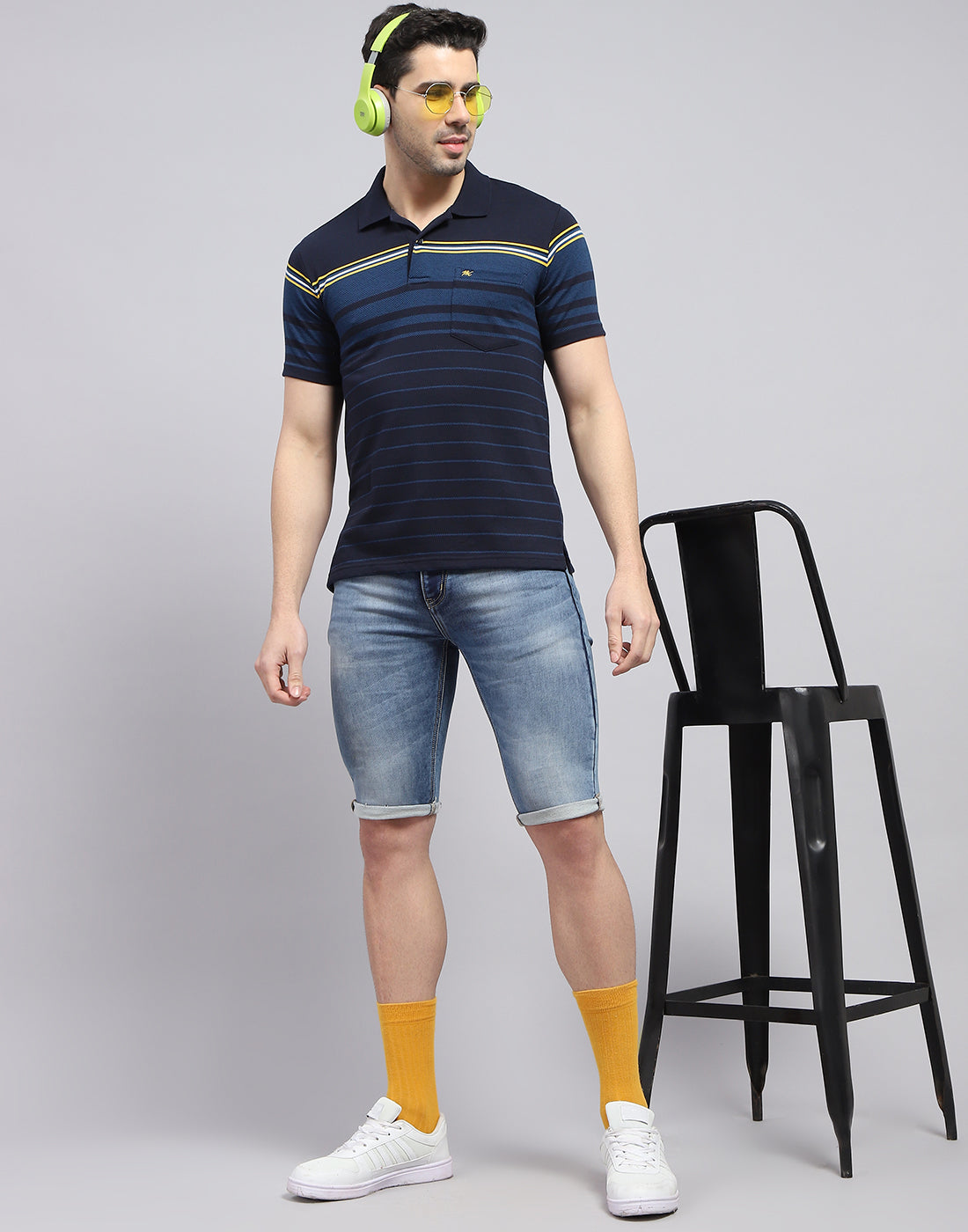 Men Navy Blue Stripe Polo Collar Half Sleeve T-Shirt